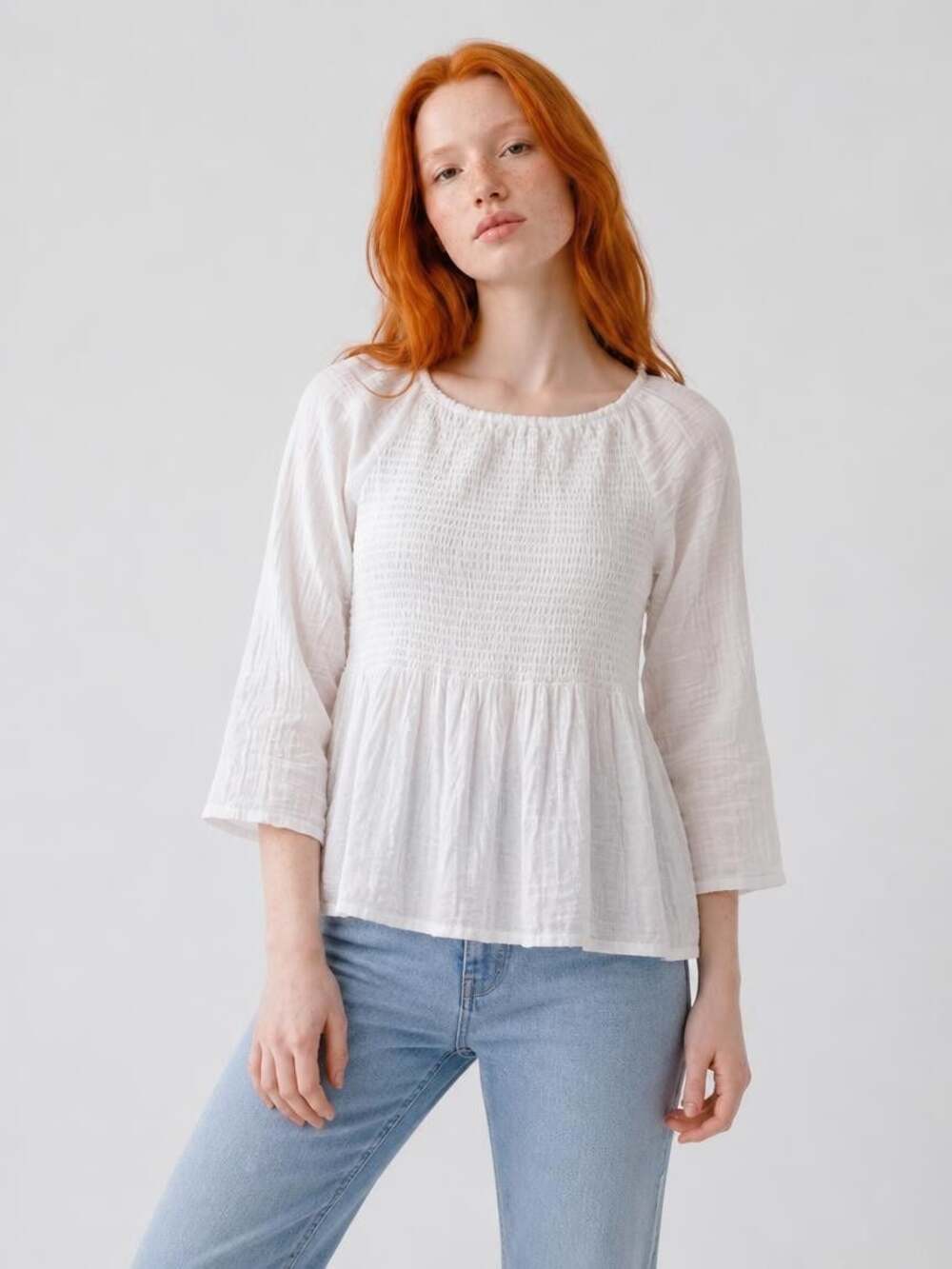Indigo Soul White Smocked Babydoll Blouse
